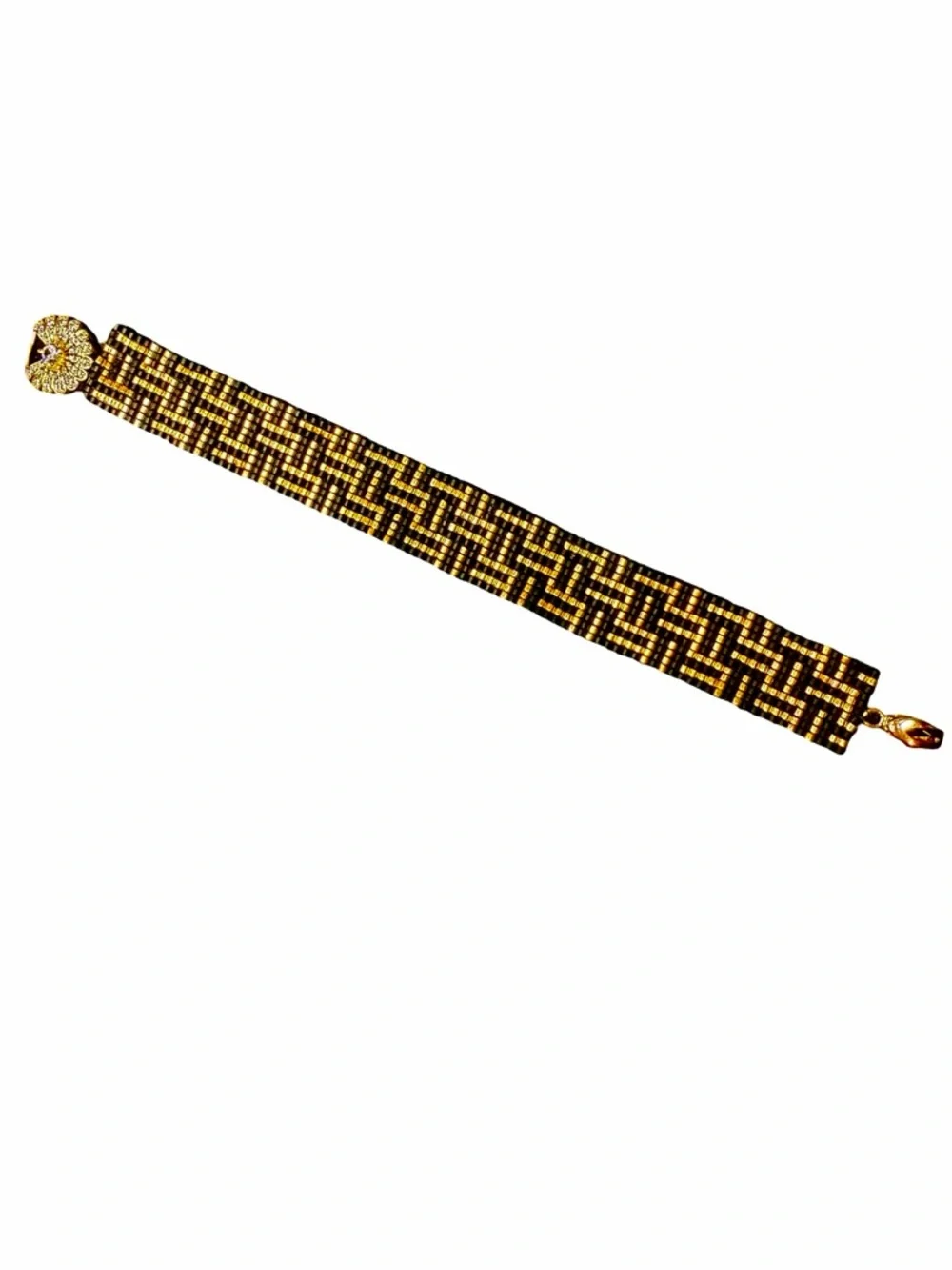 Black Gold Art Deco Beaded Bracelet | Geometric Loom Cuff | CZ Clasp